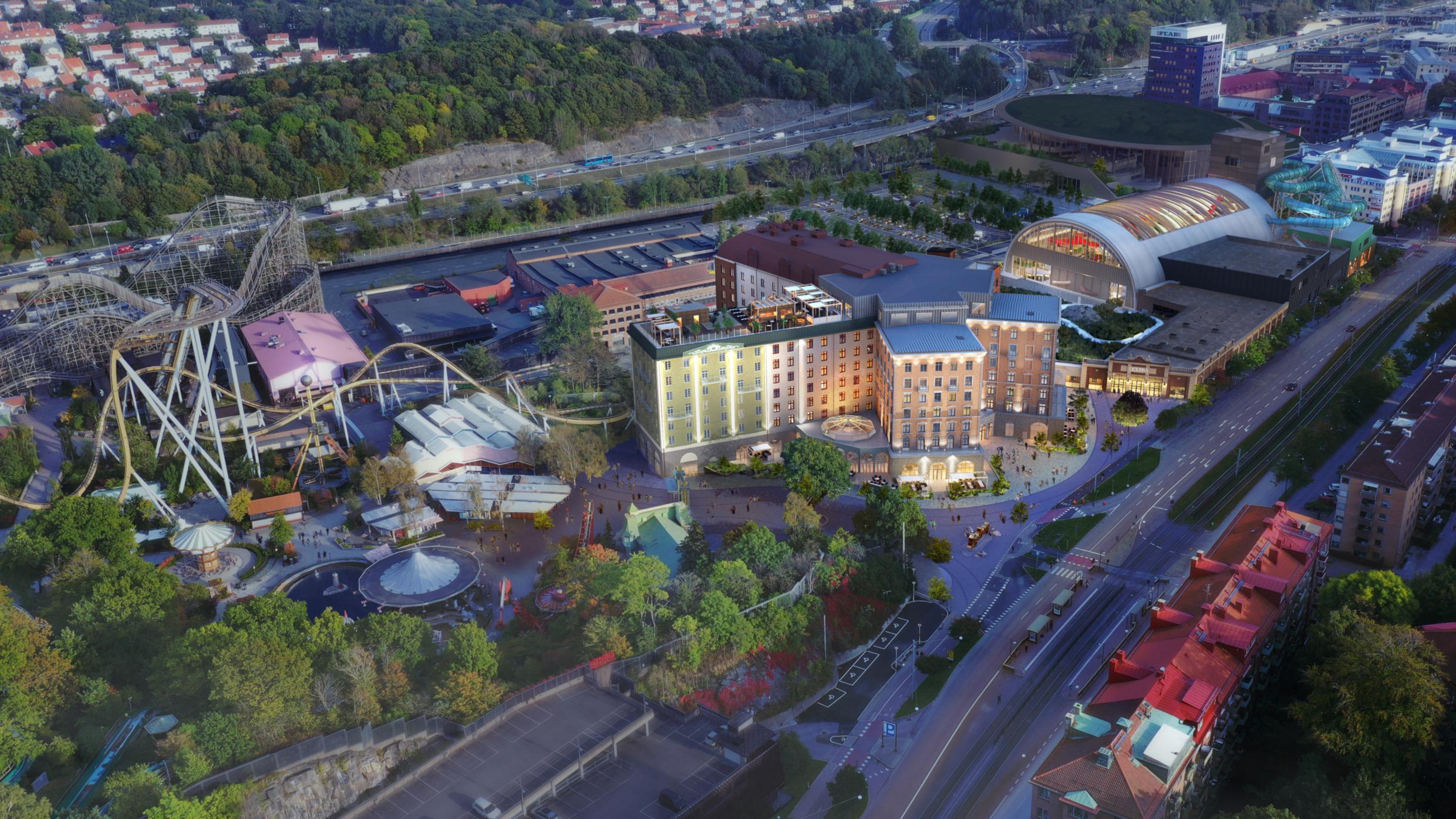 Eine Luftaufnahme des Liseberg Grand Curiosa Hotels
